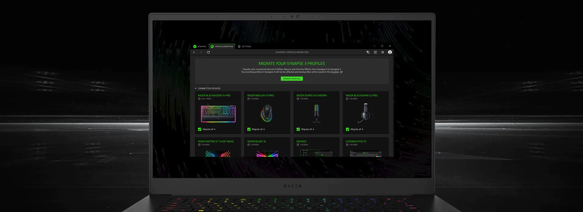 Razer Blade laptop showing Migrate your Synapse 3 profiles with Start migration in Synapse 4