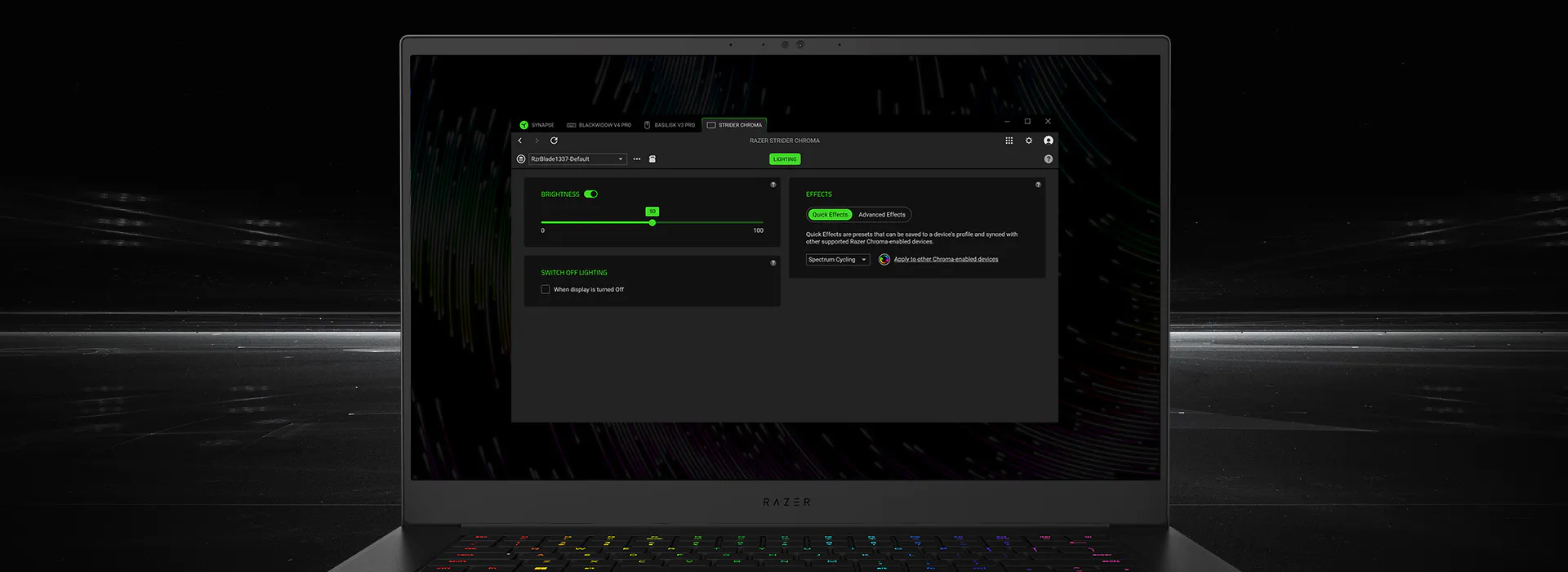 Razer laptop showing Synapse 4 on screen against a dark motion-line background