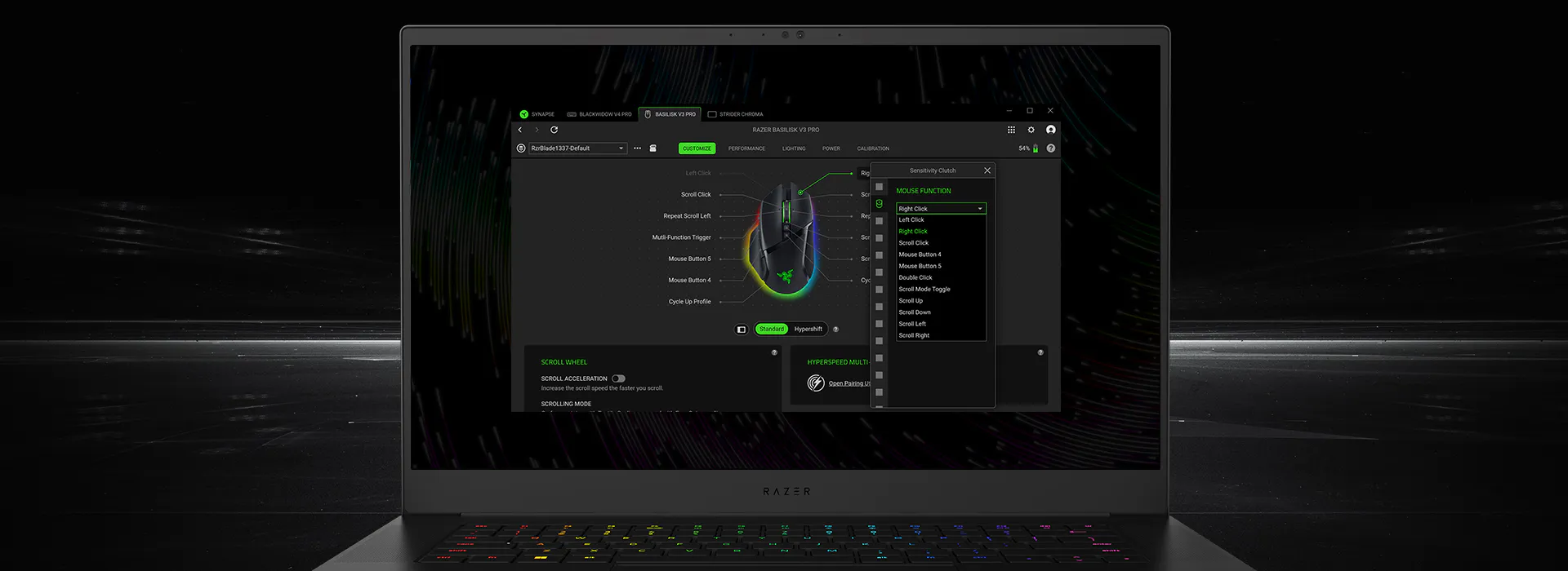 Razer laptop showing Synapse 4 device setup for a gaming mouse